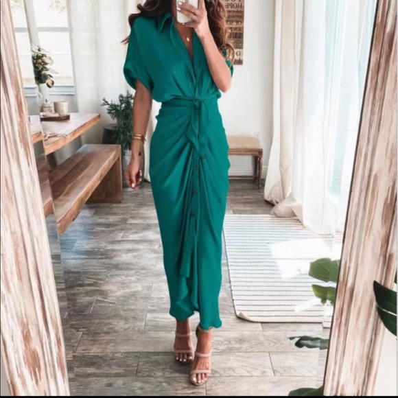 Satin Button Down Drape Dress - Picture 2 of 3